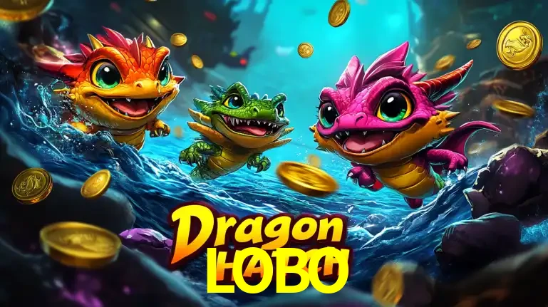 Arte promocional do jogo Dragon Hatch com três adoráveis dragões bebês nadando entre moedas de ouro, um dos slots mais divertidos para jogar no cassino LOBO.