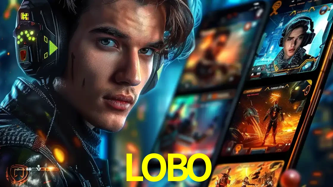 Jovem jogador com fones de ouvido olhando para a câmera, com um aplicativo de jogos e e-sports para celular ao fundo, pronto para a competição e apostas no LOBO.