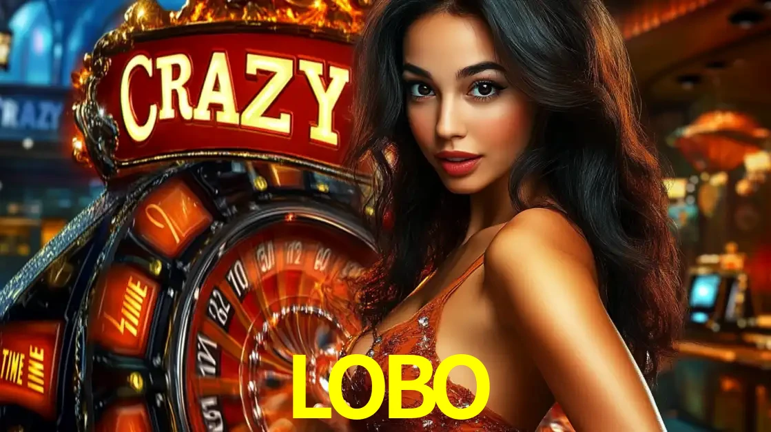 Mulher glamourosa olhando para a câmera com a roda vermelha do Crazy Time ao fundo em um ambiente de cassino, destacando a emoção dos jogos ao vivo no LOBO.