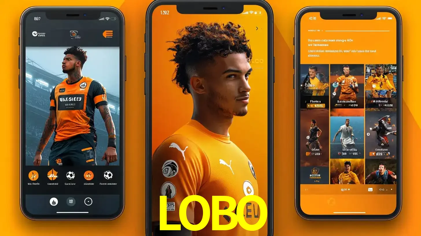 Interface do aplicativo de apostas esportivas LOBO em três telas de celular, mostrando o perfil de um jogador de futebol e a lista de jogos disponíveis para apostar.
